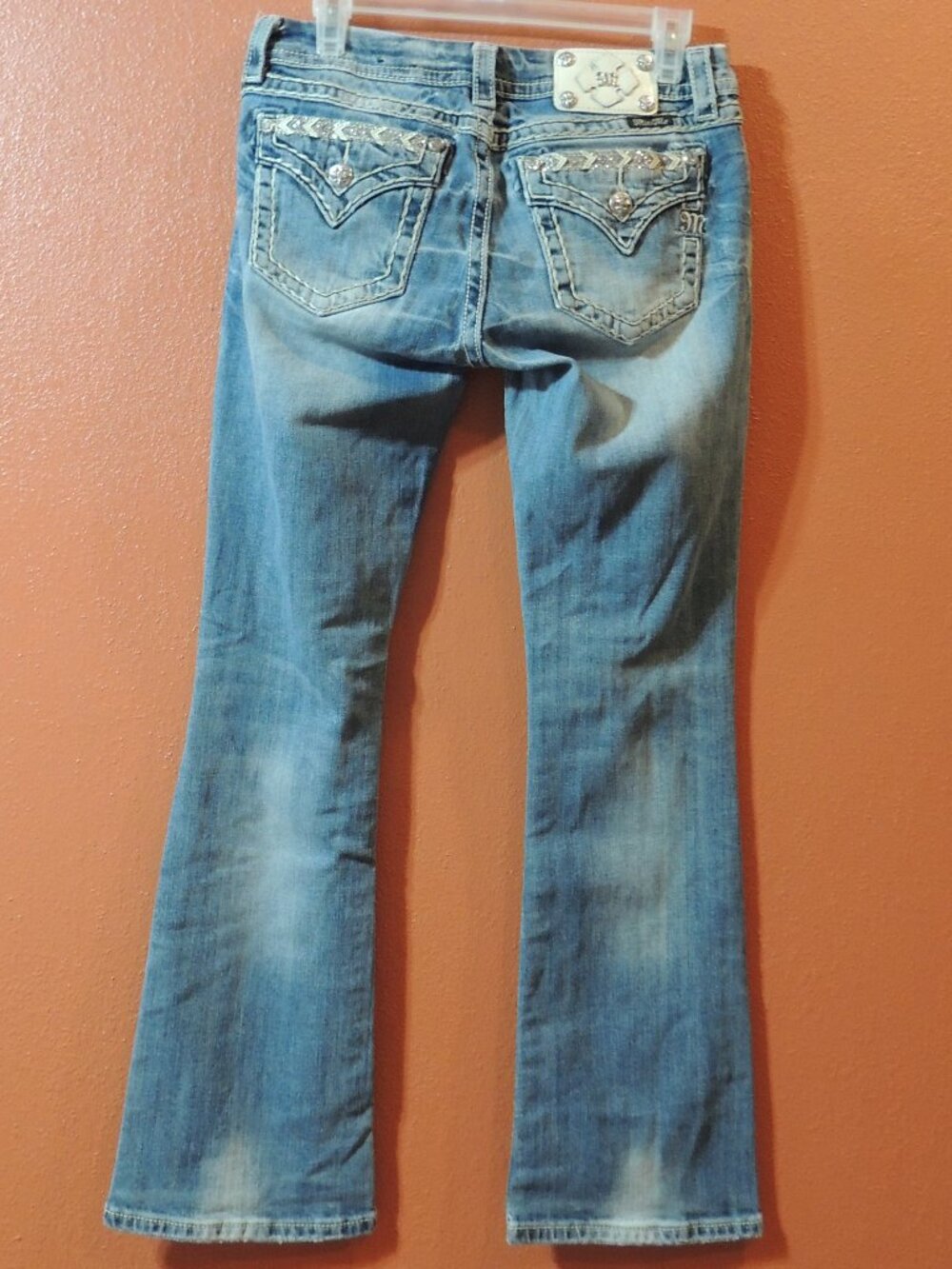 Miss Me Jeans Signature Bootcut Woman 29 Blue White Pocket Distressed Denim Jean - Picture 2 of 10